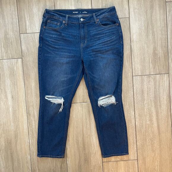 Old Navy Mid Rise Boyfriend Jeans Women’s 12 Distressed Ripped Knee Blue Denim - Picture 1 of 10